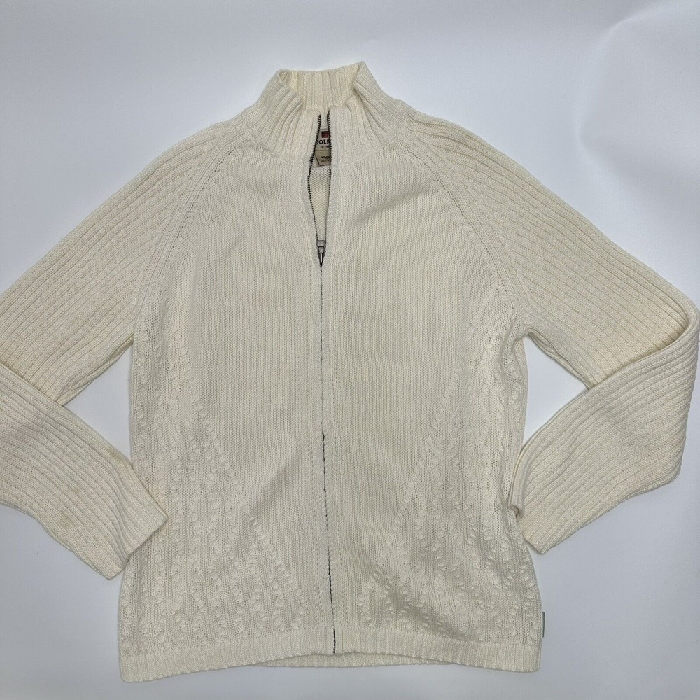 Woolrich Womens Medium Texture Knit Fullzip‎ Sweater Cream Ivory Ribbed Sleeves